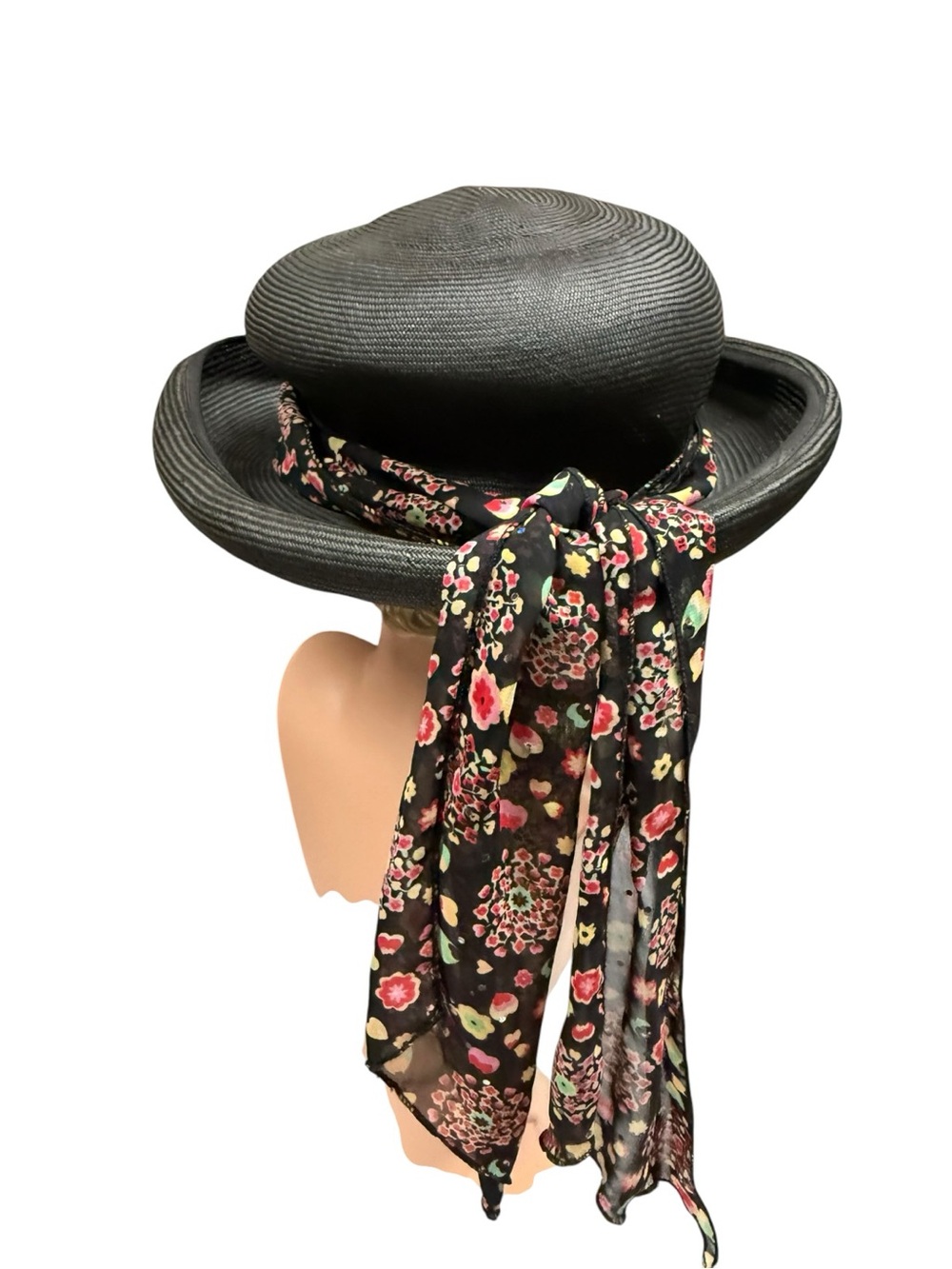 Vintage Mr Monroe Black Straw Sun Hat Floral Scarf Accent